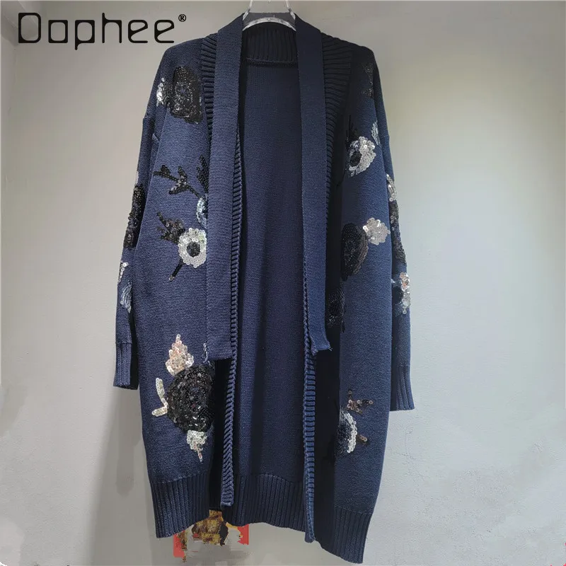 

Осень 2022, новый модный универсальный свободный вязаный кардиган средней длины с блестками, топ с длинными рукавами, женский кардиган, свитер большого размера