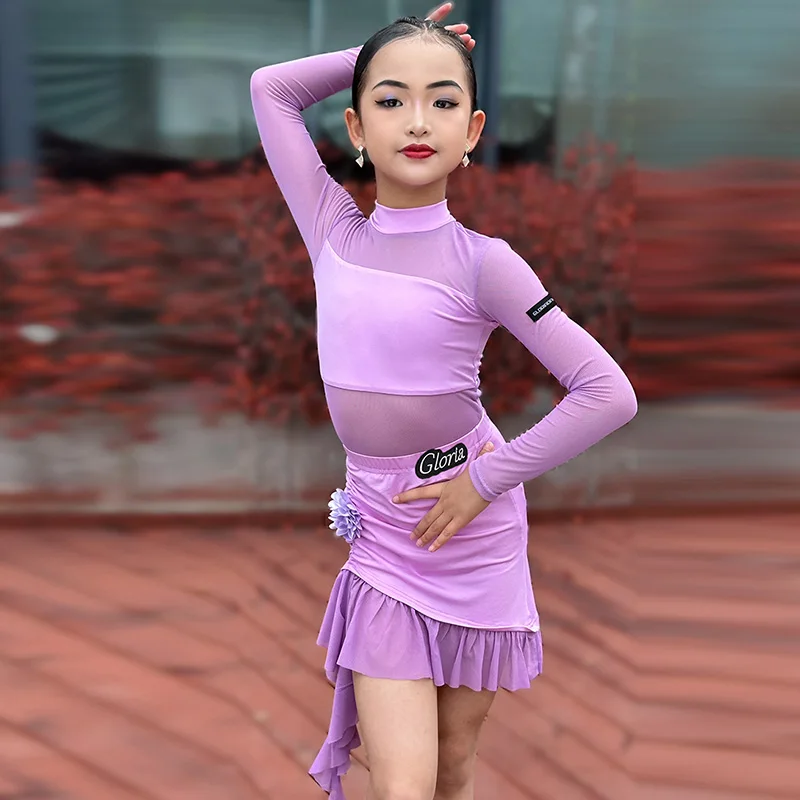 

Latin Dance Costume for Girls New Long Sleeves Gauze Skirt Set Ballroom Samba Performance Clothes Kids Tango Dance Dress XH1128