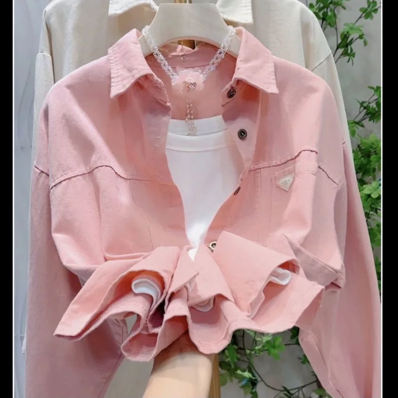 Women's Cropped Polo Shirt in Candy Colors, Sweet Korean Style Oversized Blouse for Spring and Fall.