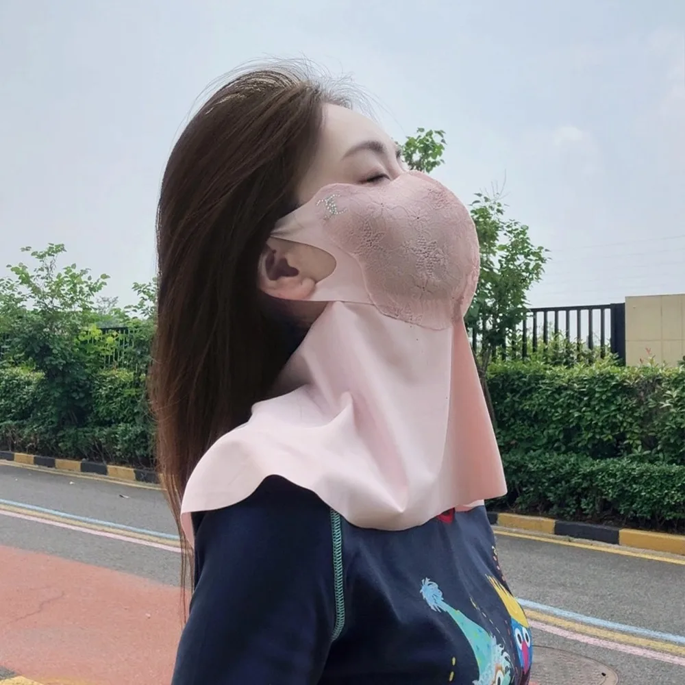 

New Lace Embroidery Ice Silk Sunscreen Mask Breathable Washable Face Mask Neck Protection Dustproof Face Cover Summer