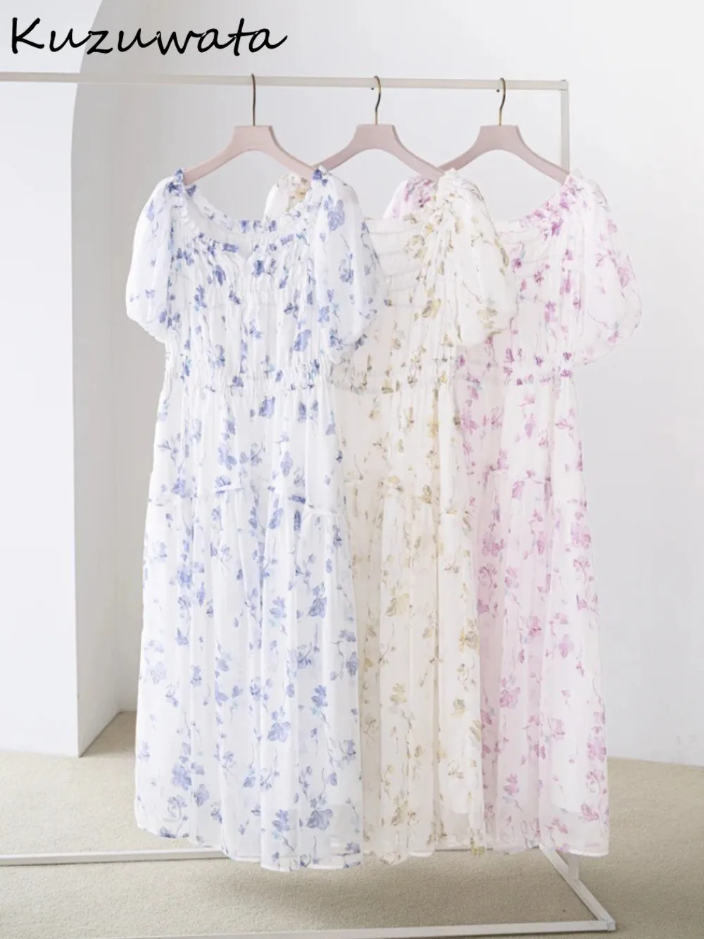 

Kuzuwata French New Temperament Slash Neck Vestido Puff Sleeve Print Slim Waist Robe Japan Big Swing Fairy Literary Fresh Dress