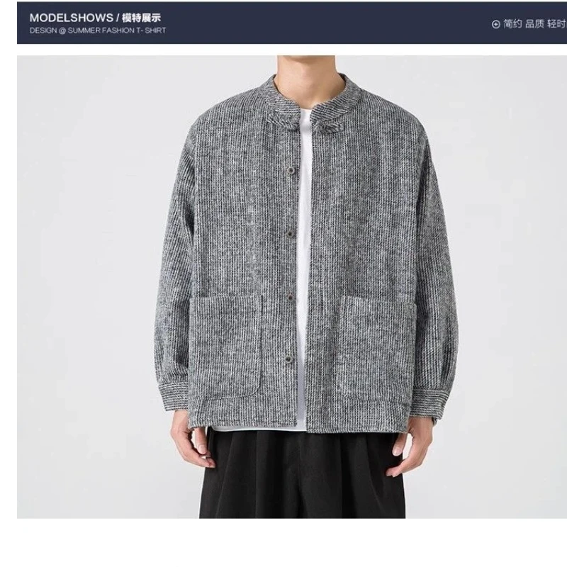 

Stand Collar Jacket, Spring and Autumn Chinese Style Corduroy Youth Tunic Chinese Style Large Size Tang Suit Shirt