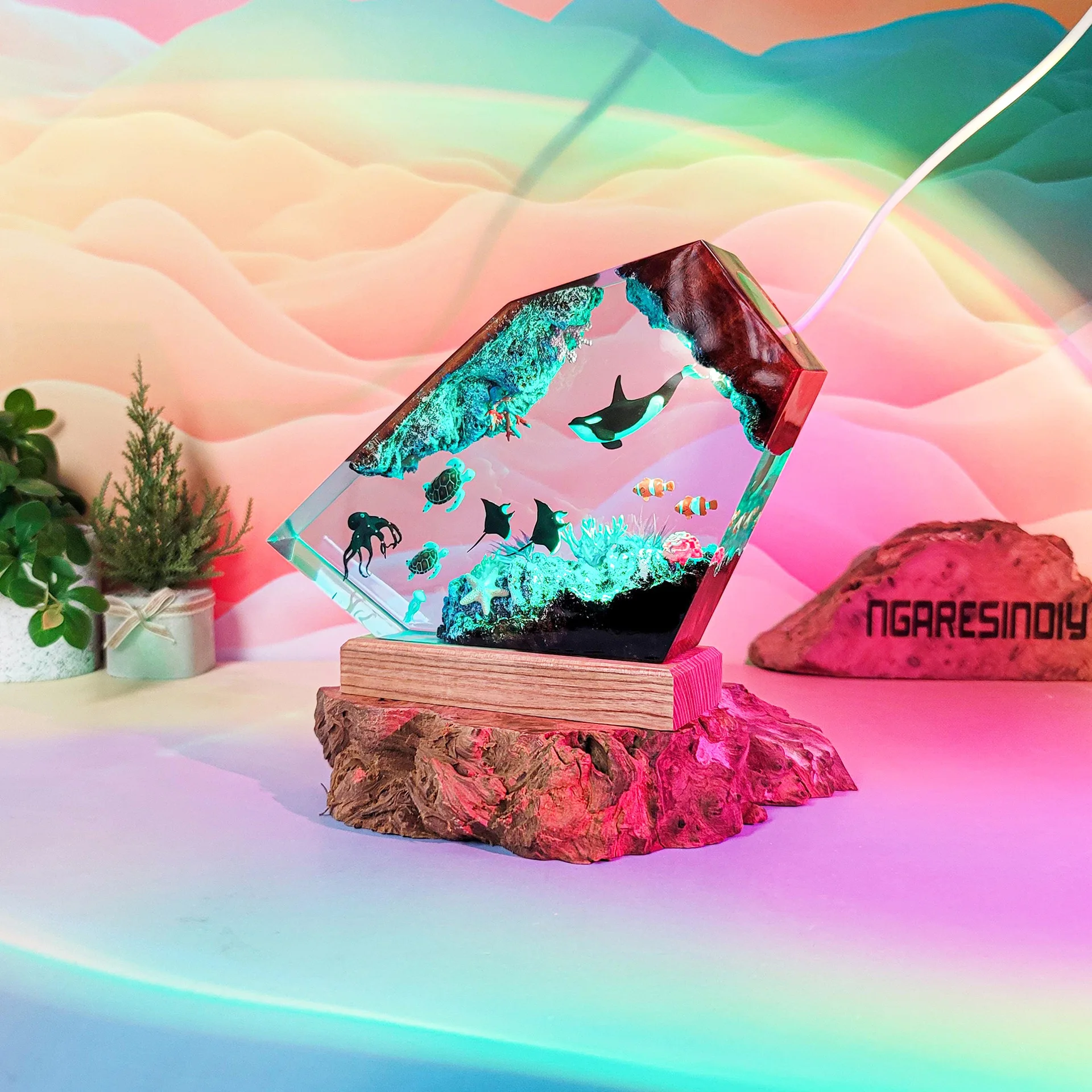 Oceaan Organismen Hars Lamp Zeeleven Tafellamp Creatieve Kunst Decoratie Kleuren Lamp Zeebodem Landschap Nachtlampje USB Charge