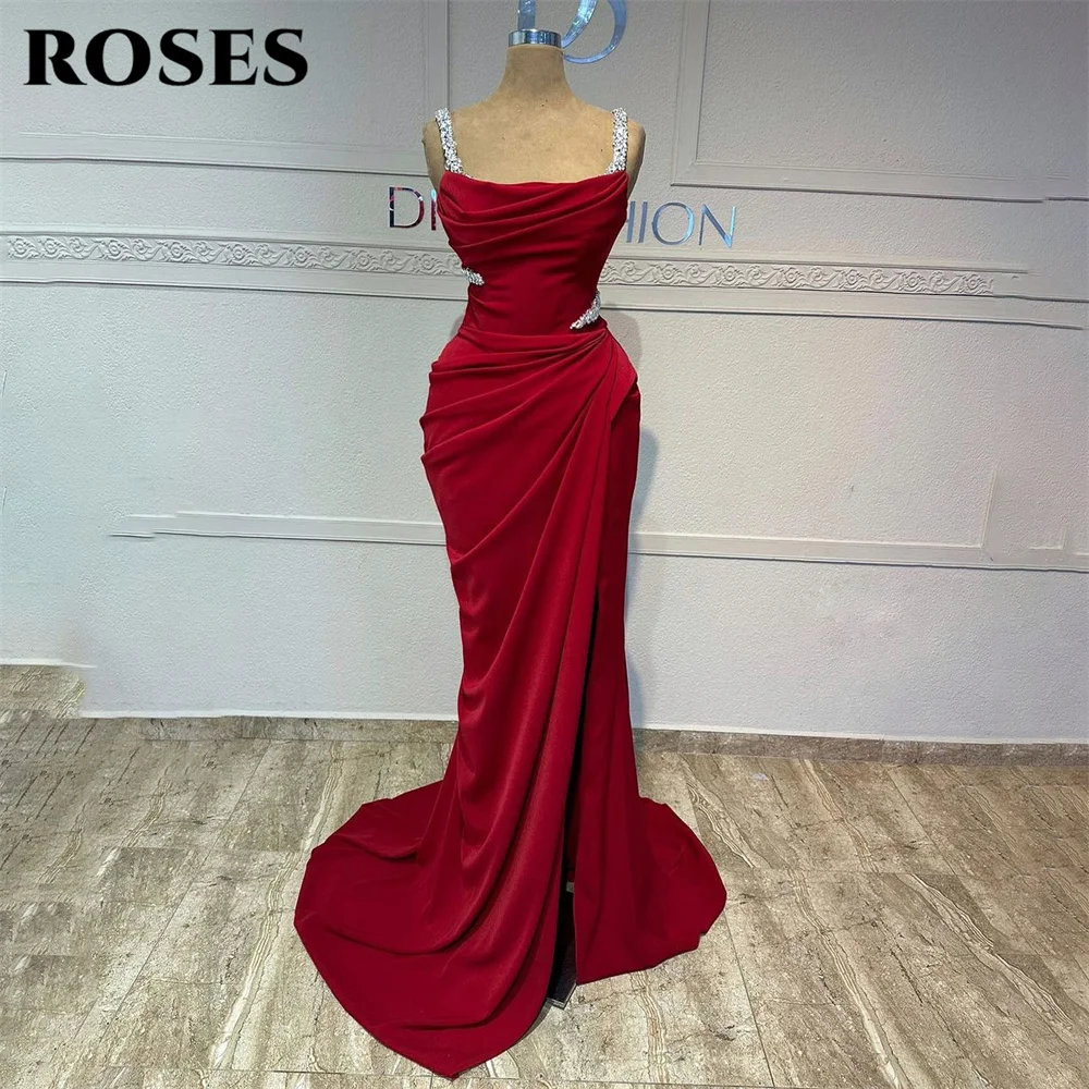 ROSES Red Strapless Sexy Mermaid Evening Dresses for Woman Elegant Shiny Prom Gown Satin Side Split Party Dress فساتين السهرة