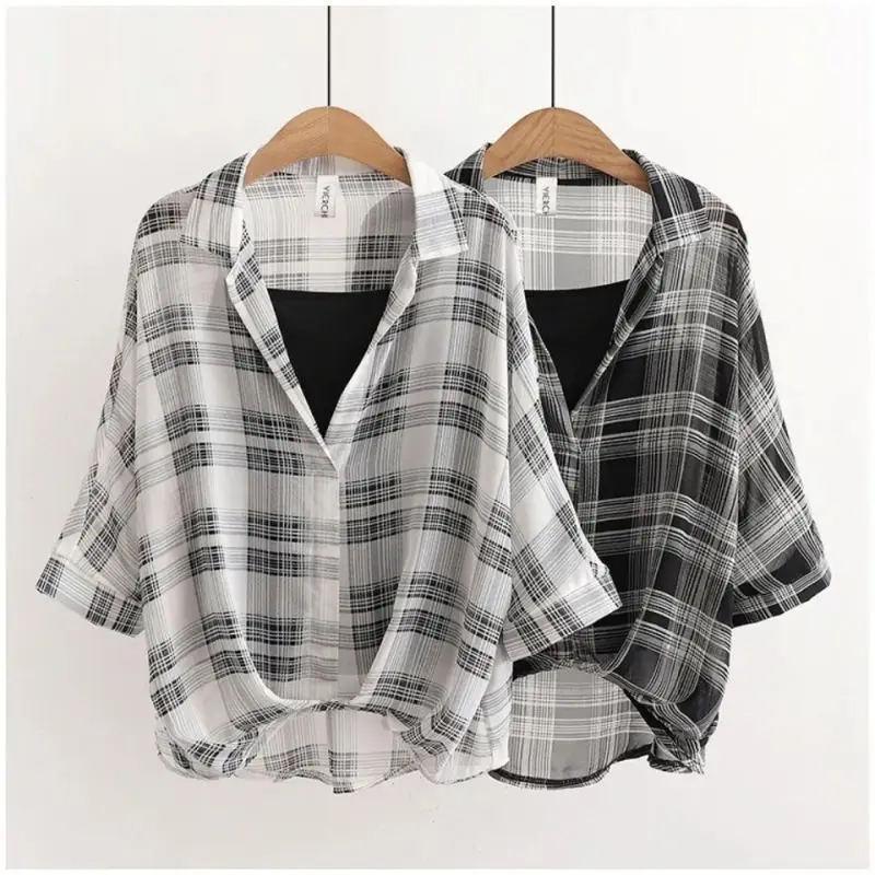 Striped Plaid Vintage Polo Neck Shirt Loose Black Vest Two Piece Set Women\'s Blouse Shirt Korean Fashion Female Clothing Tops