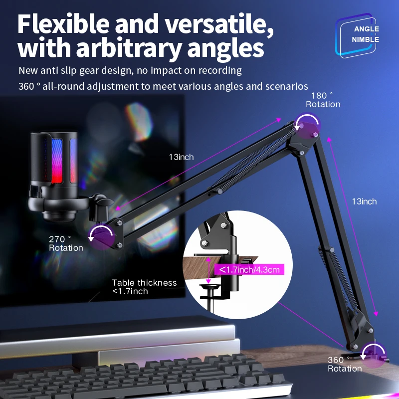 

Professional USB Condenser Microphone Podcast RGB Gaming Mic Kit with Desktop Metal Boom Mic Stand for Studio Recording YouTube