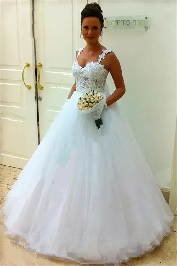 

Customized Simple Spaghetti Strap Robe Mariage Lace Wedding Dress Sweetheart Tulle Bride Gowns Plus Size Ballgown Bridal Gown