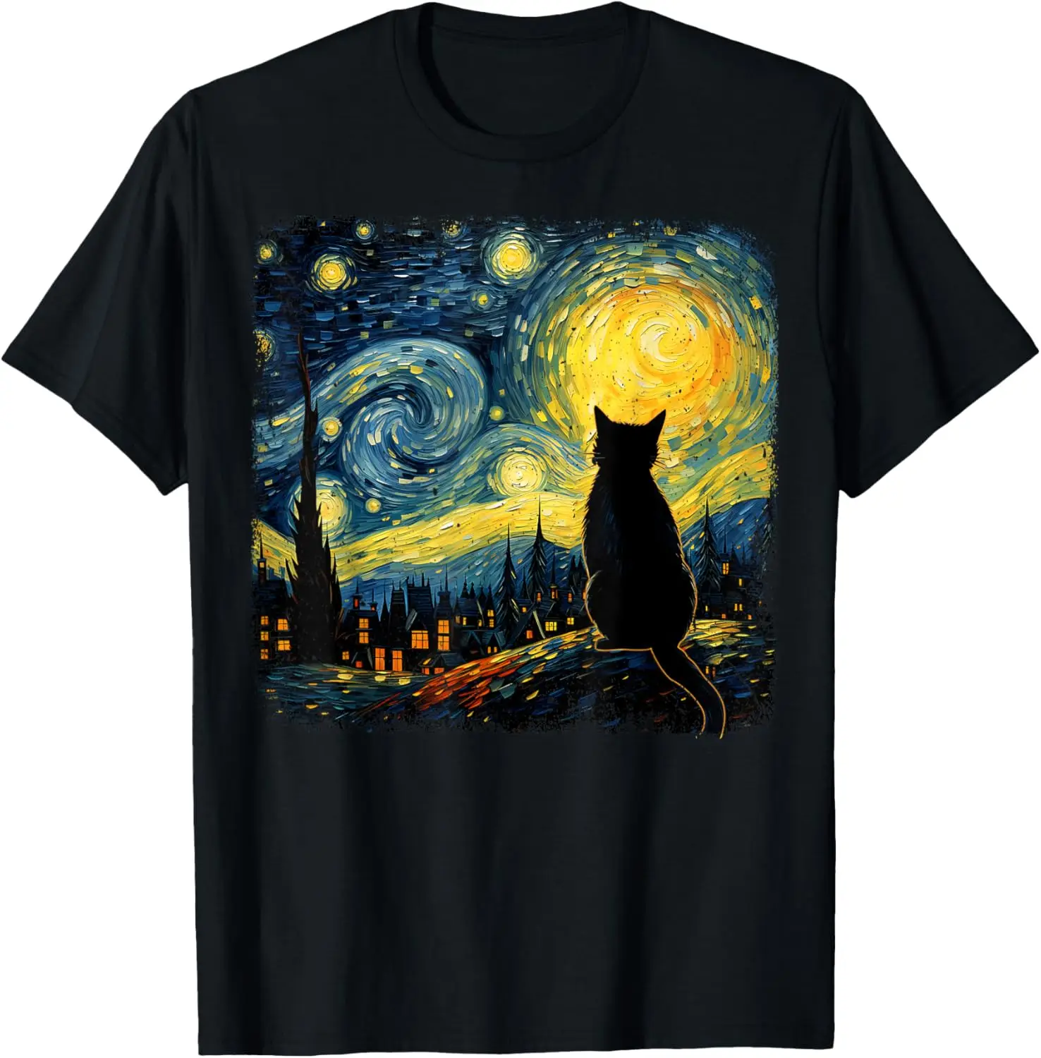 

Black Cat Starry Night Van Gogh Style Graphic T-Shirt Breathable Cotton Top for Cat Lovers