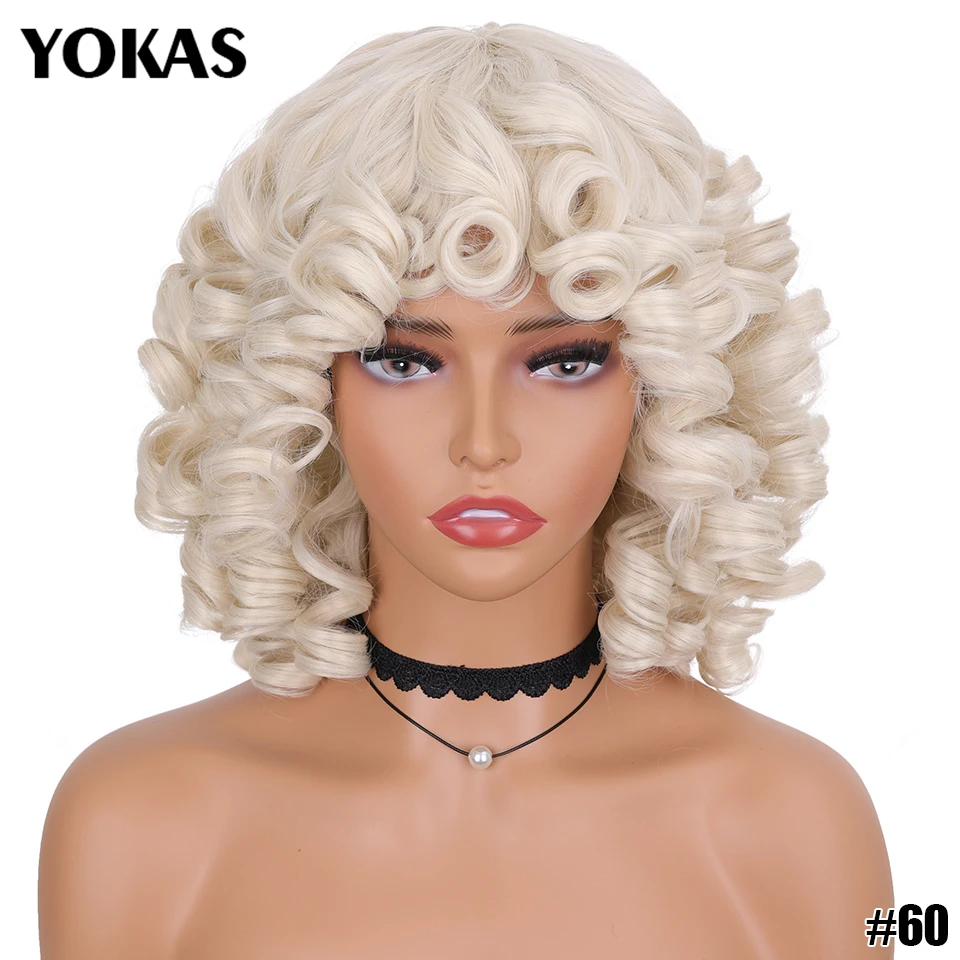 Kurze Haare Afro Verworrene Lockige Perücken Synthetische Mit Pony Für Schwarze Frauen Flauschige Afrikanische Ombre Cosplay Natürliche Braune Perücken Afro YOKAS – Detail 6