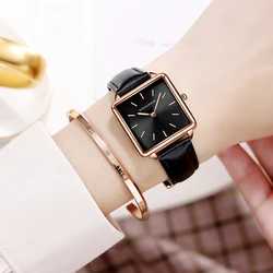 Hannah Martin Simple Leather Watch For Women Japanese Movement Quartz Wristwatch Fashion Casual All-Match Clock Black Gift Box