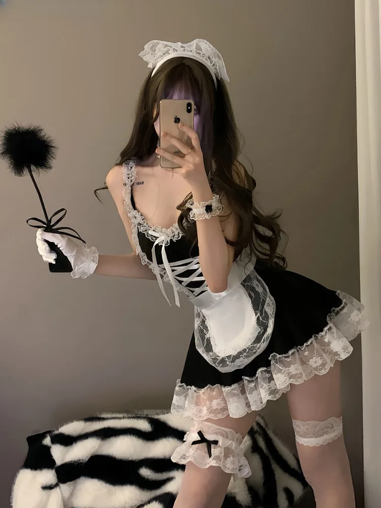 Women Sexy Lingerie Costume French Apron Maid Dress Cosplay Servant Lolita Hot Babydoll Dress Uniform Erotic Role Play Costume