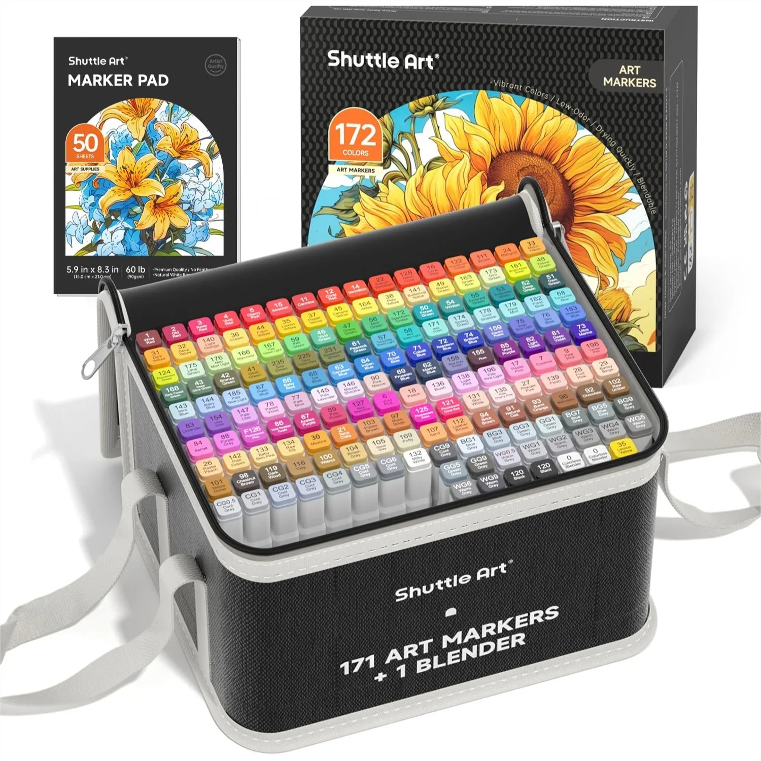

172 Colors Dual Tip Alcohol Based Art Markers, 171 Colors + 1 Blender, Permanent Markers with Case for Adult Coloring Books