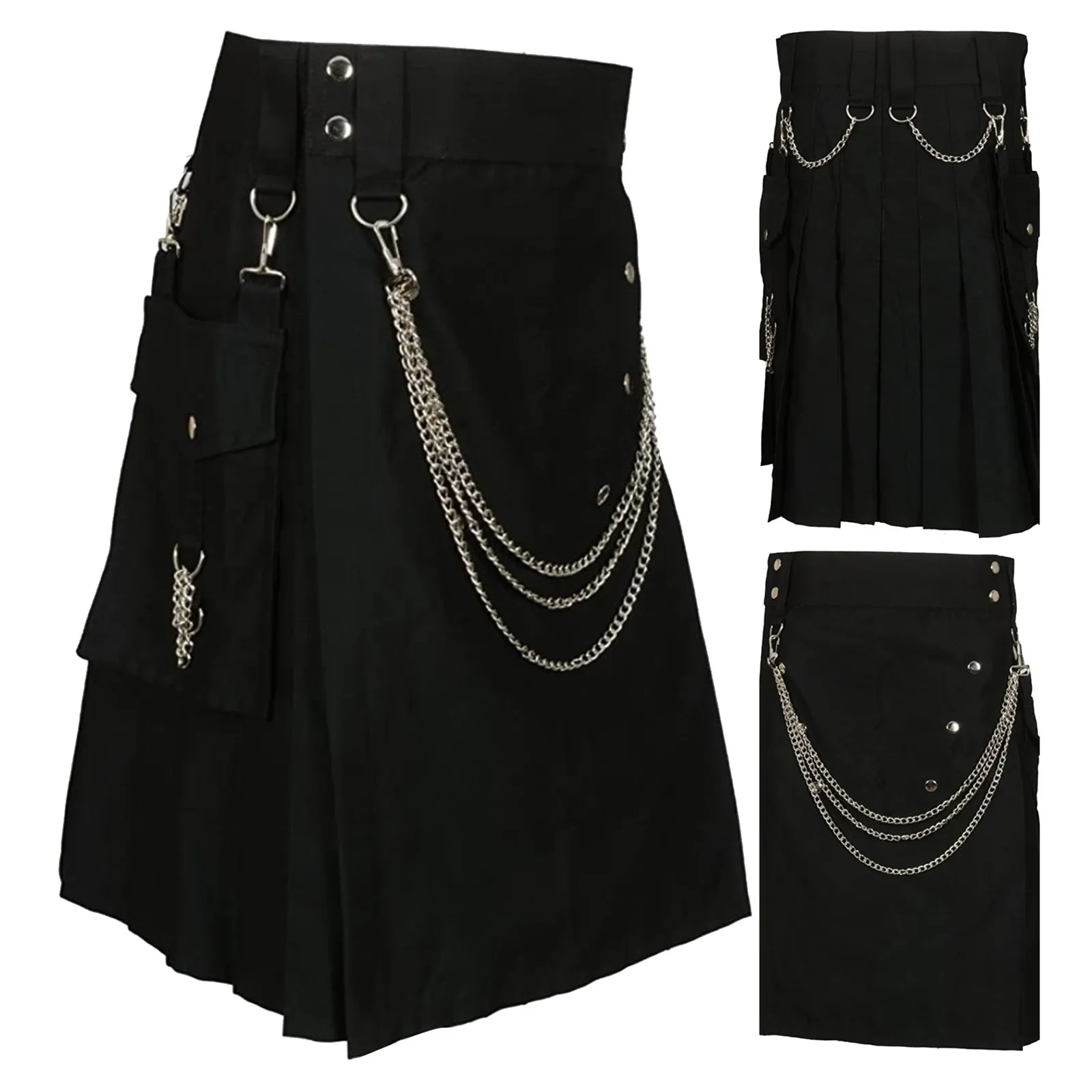 

High Quality Men Pleated Skirt Fashion Cool Pocket Kilts Black Gothic Kilt Vintage Warrior Cargo Kilt Metal Belt Pleated Skirts