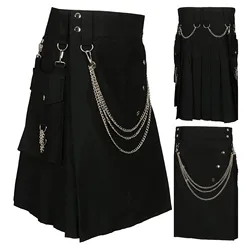 High Quality Men Pleated Skirt Fashion Cool Pocket Kilts Black Gothic Kilt Vintage Warrior Cargo Kilt Metal Belt Pleated Skirts