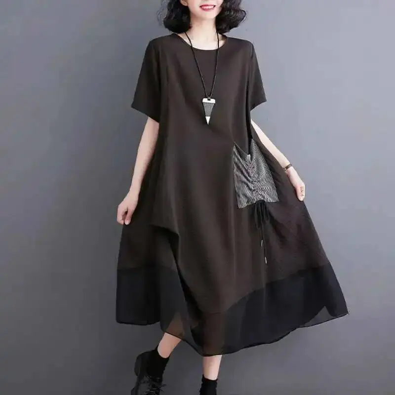 #3336 Black Green Grey Striped T Shirt Dress Women Pockets Loose Folds Spliced Mesh Asymmetrical Midi Dress Short Sleeve Summer