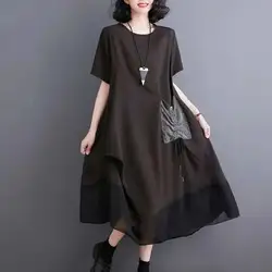 #3336 Black Green Grey Striped T Shirt Dress Women Pockets Loose Folds Spliced Mesh Asymmetrical Midi Dress Short Sleeve Summer