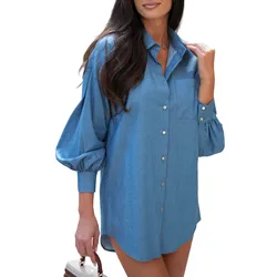 Popular Short Top Spring Autumn Buttons Cuff Imitation Denim Pullover Puff Sleeve Soft Lady Pullover for Party