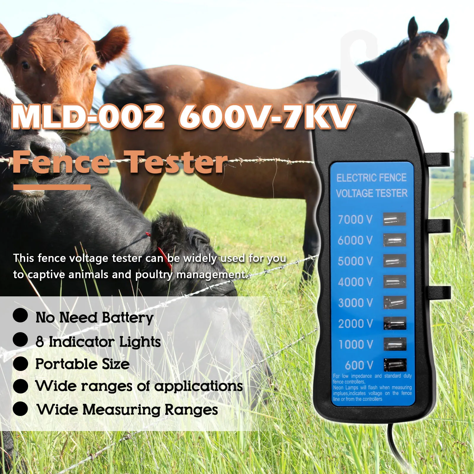 IN US MLD-002 600V-7KV Fence Tester Home Garden Horse Livestock Electric Fence Voltmeter No Need Battery with 8 Indicator Light