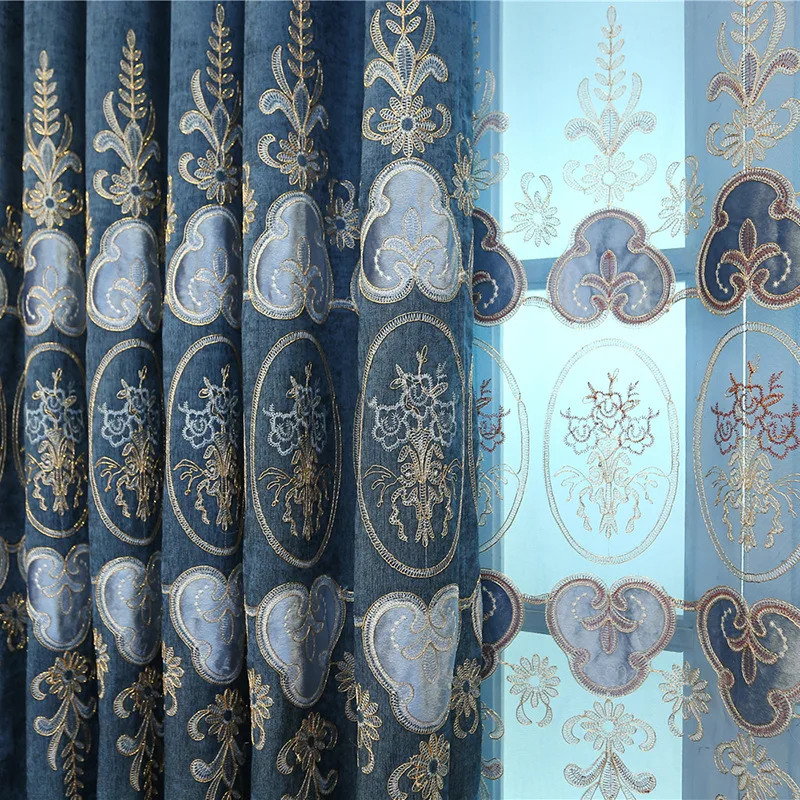 Custom  upscale Chenille embroidered bedroom living room Nordic blue cloth blackout curtain tulle valance drape C1746