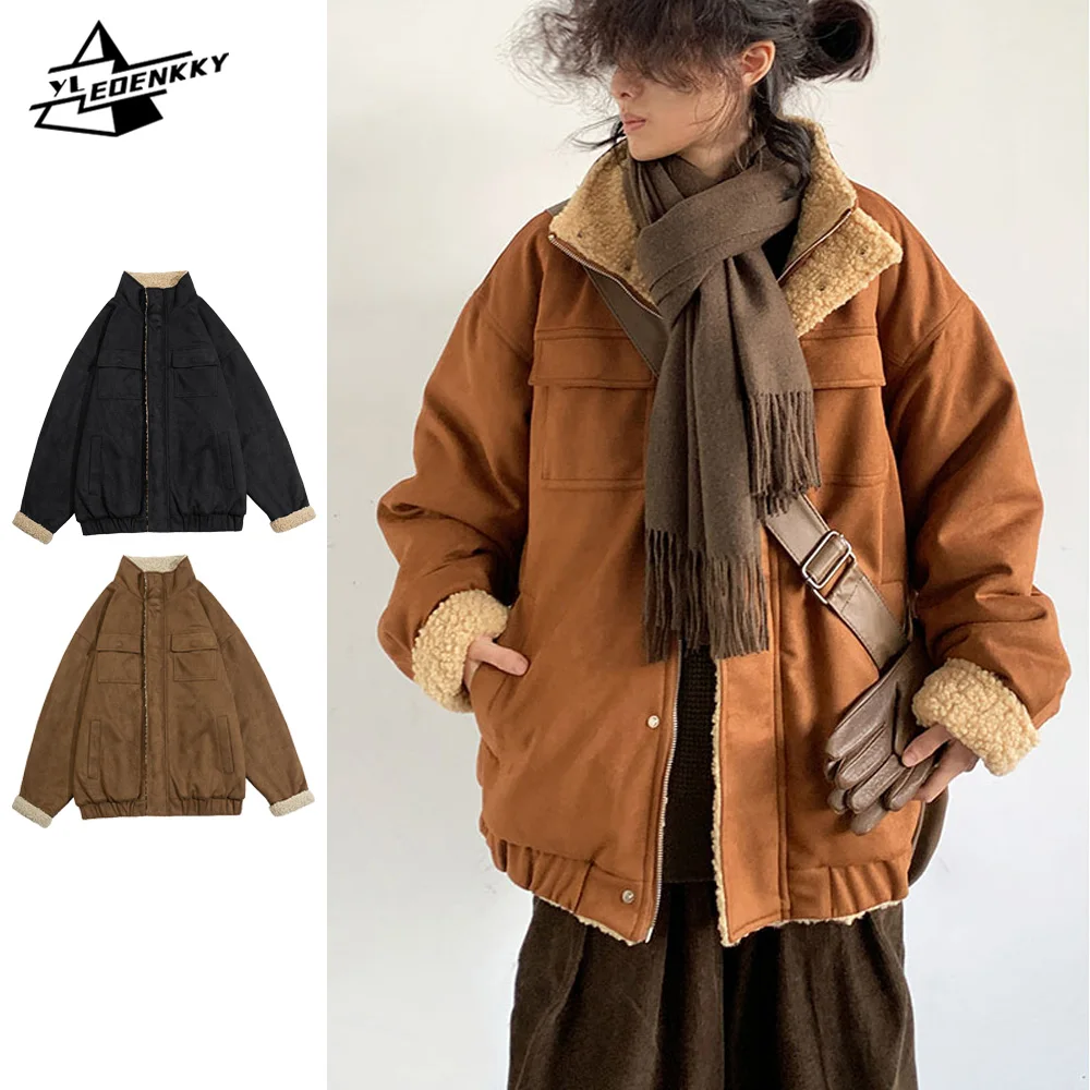 Amikaki Vintage Cotton Coat Men Women Harajuku Suede Thickened Parka Multi-pocket Fleece Baggy Cargo Jacket Winter Unisex Tops