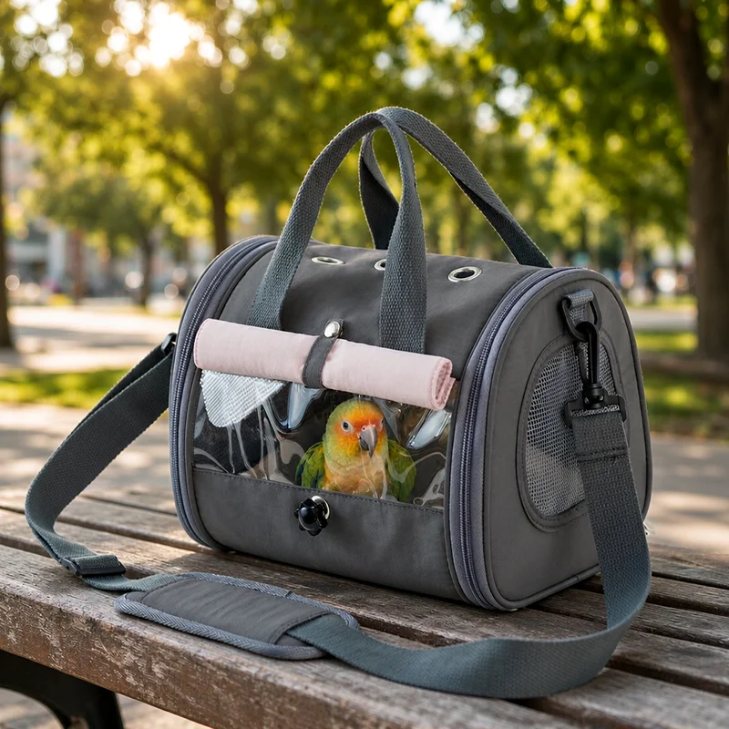 Bird Carrier Bag with Wooden Perch & PP Tray, Transparent Parrot Travel Backpack Adjustable Strap Small Pet Travel Crossbody Bag