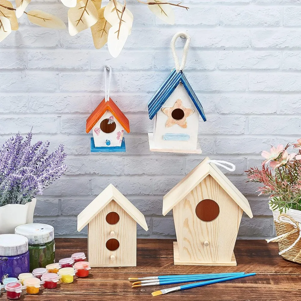 DIY Wooden Birdhouse Kit, Arts Hanging Bird House Set Include 4 Pcs Unfinished Paintable Wood Birdhouse 4 Pcs Paint Brushes