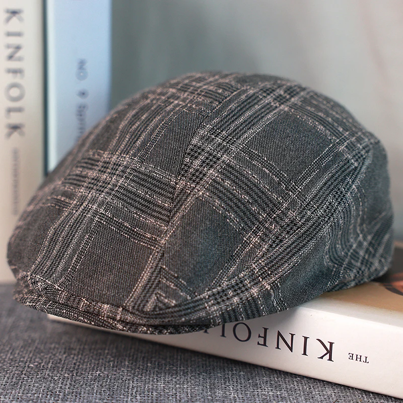 Gray Plaid Newsboy Hat Linen Cotton Womens Mens Ivy Cap Cabbie Driver Hat Spring Autumn Flat Hats Vintage Gatsby Beret A-33