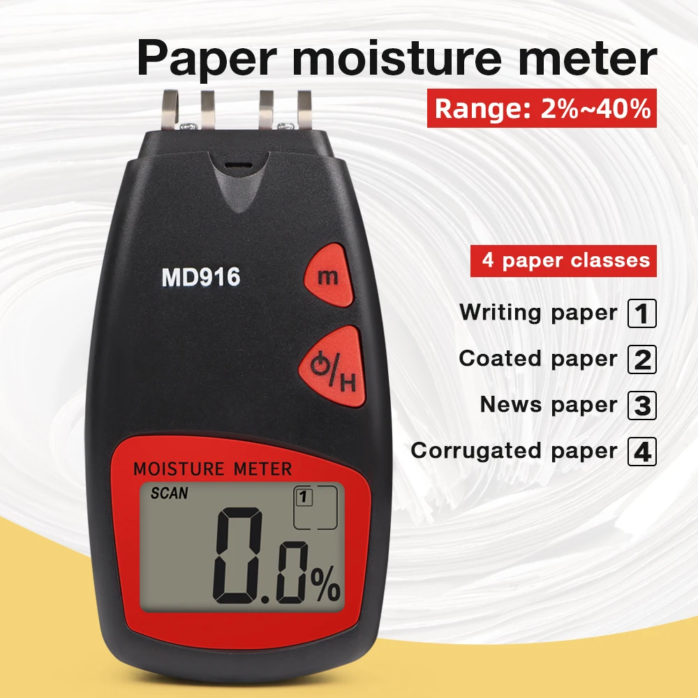 

MD916 Paper Moisture Meter LCD Digital Hygormeter Wood Paper Moisture Detector 2-40% Humidity Content Tester for Paper Industry