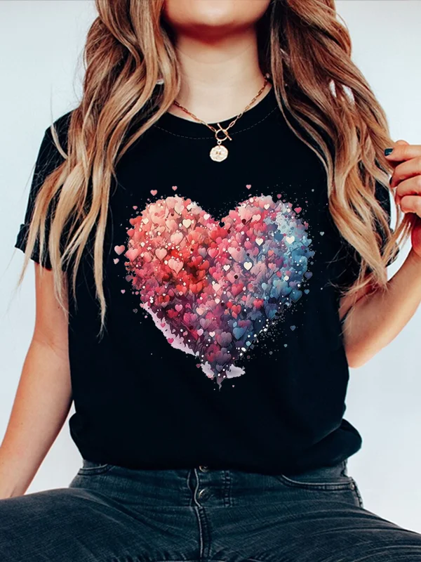 Romance Small Love Made Up of Big Love Print Female T-shirt 2024 New Voguish Casual Literary Love Valentine's Day Couple Tee