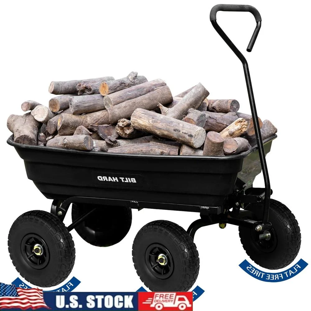 Heavy Duty Yard Wagon 600 lbs No Flat Tires 4 Cu Ft Dump Cart Outdoor