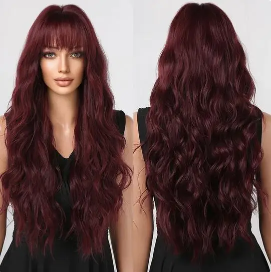 

Synthetic Dark Wine Red Long Wavy Hair Wig with Bangs Burgundy Cosplay Party Wigs for Women Natural Heat Resistant Fibre