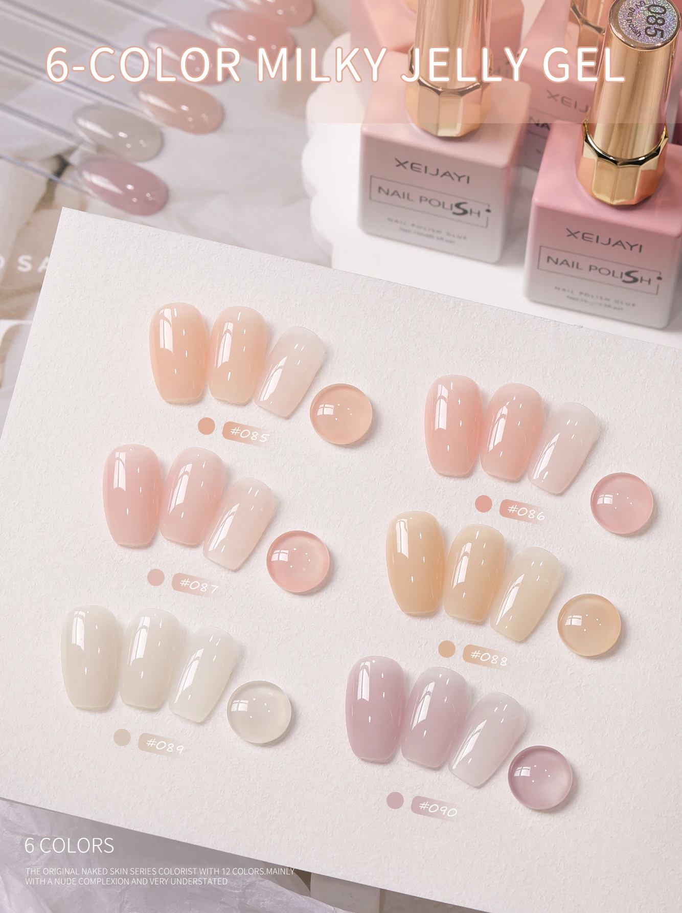 XEIJAYI Ice Jelly Milky Gel Nail Polish 6-Color High Gloss Shine, Long-Lasting UV LED Soak Off Gel, Eco-Friendly Non-Alcohol