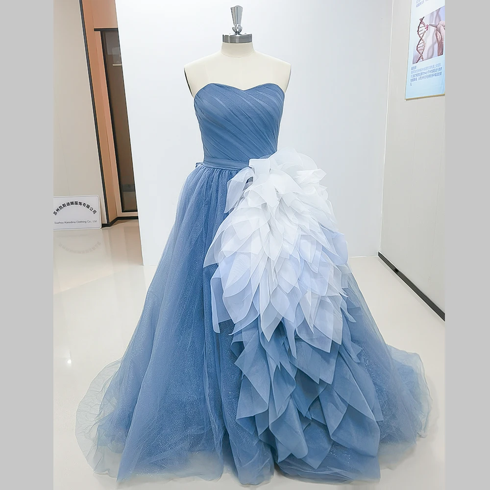 Elegant Blue Strapless A-Line Evening Dress With Detachable Decoration New Fashion Female Floor length Party Prom Gowns