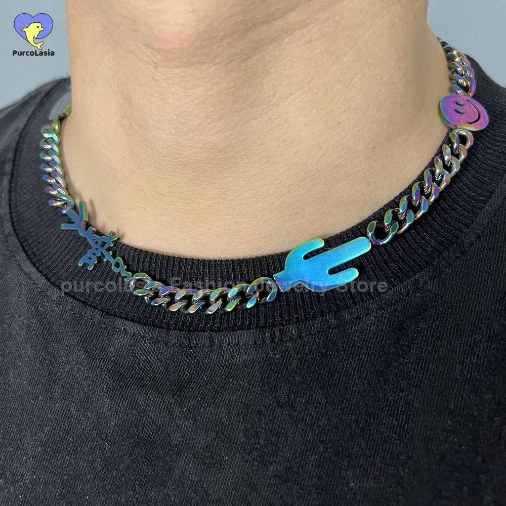 Stainless Steel Necklace for Men Women Cartoon Colorful Chain Cactus Smile Face Hip Hop Rock Jewelry