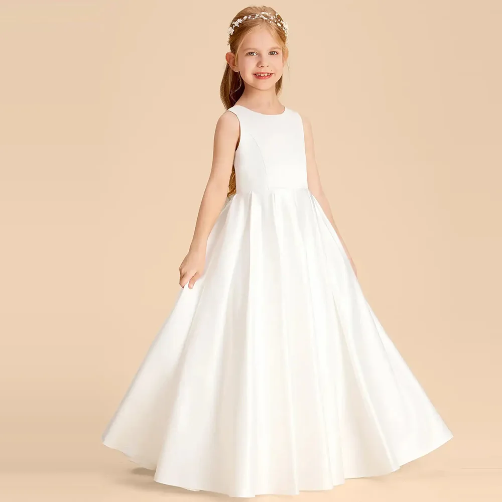 Customized White Satin First Communion Dresses with Bow O-Neck A-Line Flower Girl Dress for Wedding Birthday Party Gowns