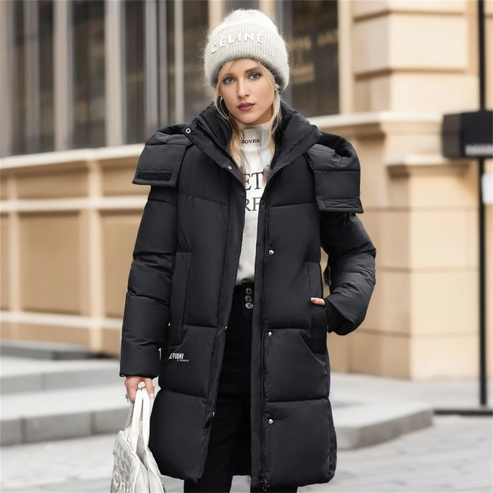 Women\'s Winter Puffer Jacket Stylish And New Thickened Hooded Armband Midi Padded Jacket Solid Color Thermal Coat