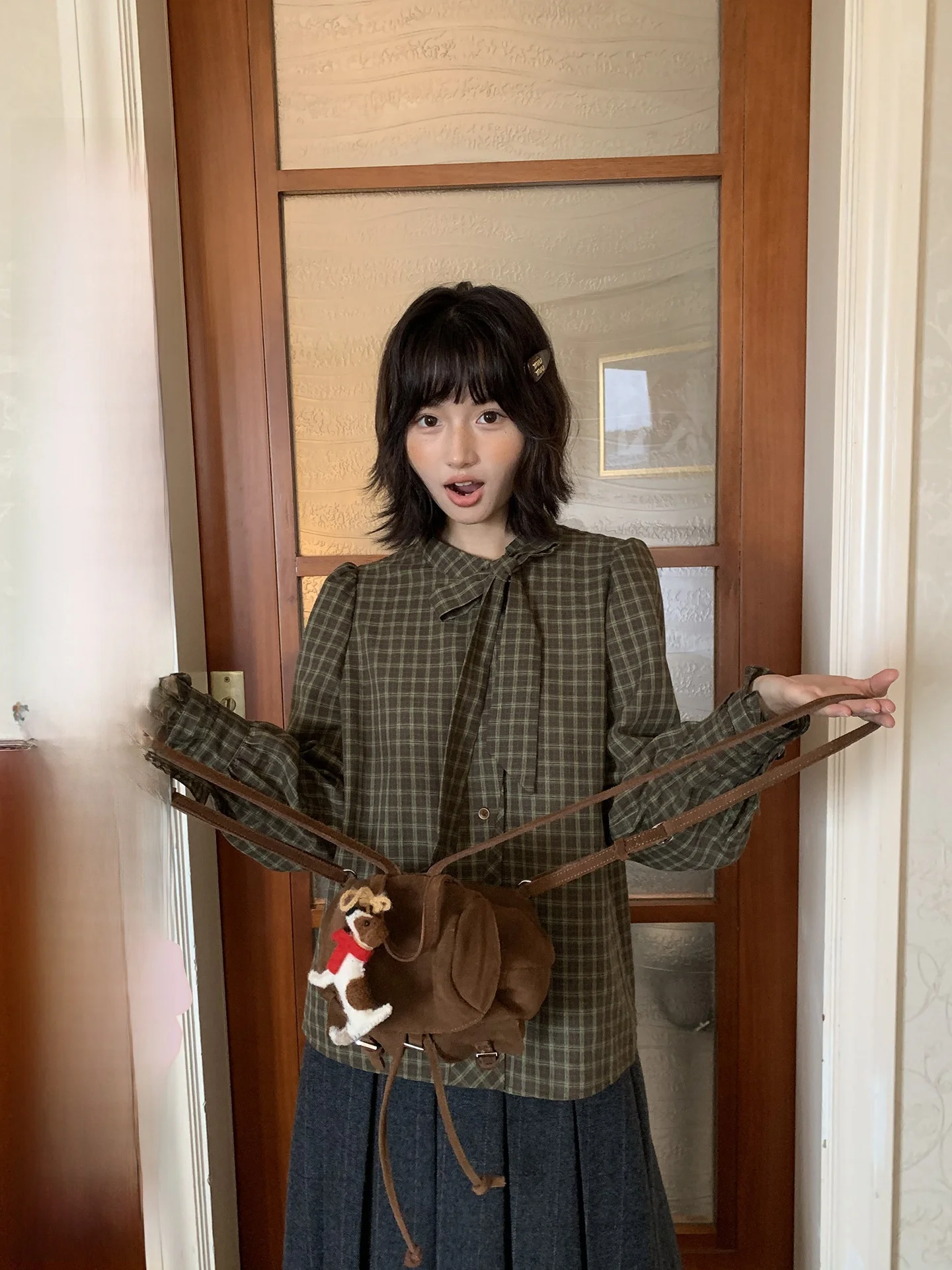 

Retro Knot Collar irt Loose Fit Cotton Polyester Blend Bubble Sve Thin Long Sve Women's Winter Faion