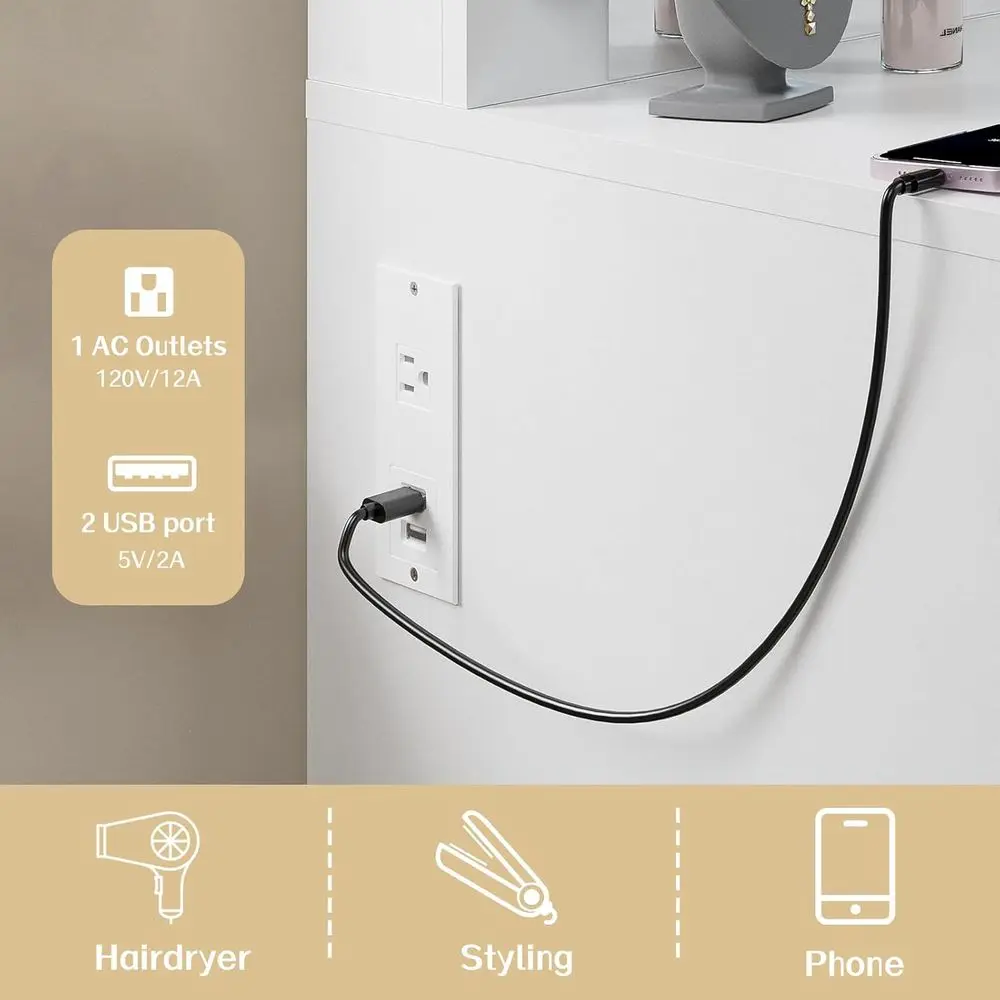 Bureau de maquillage blanc éclairé avec rangement, chargement et 3 modes d'éclairage pour vanité de chambre à coucher