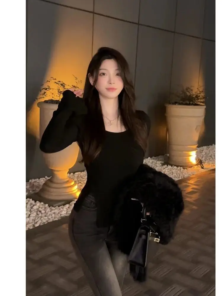 

Футболки с длинным рукавом, женские элегантные кружевные рюши, облегающие хлопковые футболки с v-образным вырезом, стильные удобные повседневные топы, идеально подходящие для весны и осени