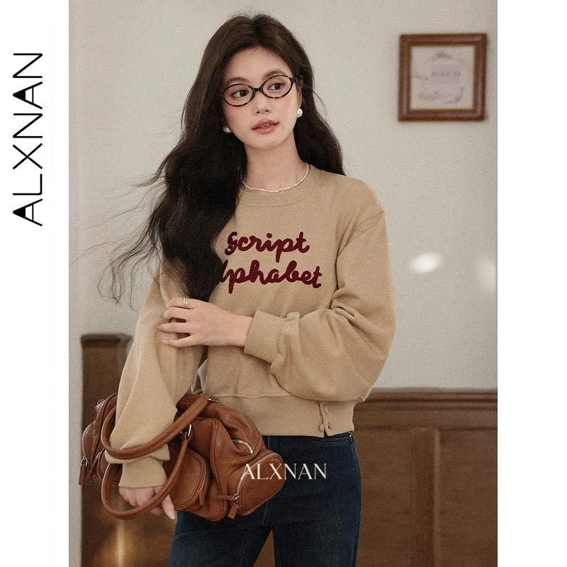 

ALXNAN Women's Sweatshirts New Round Neck Letter Print Loose Fit Retro Casual Sporty Versatile Pullovers Female Clothing L57670