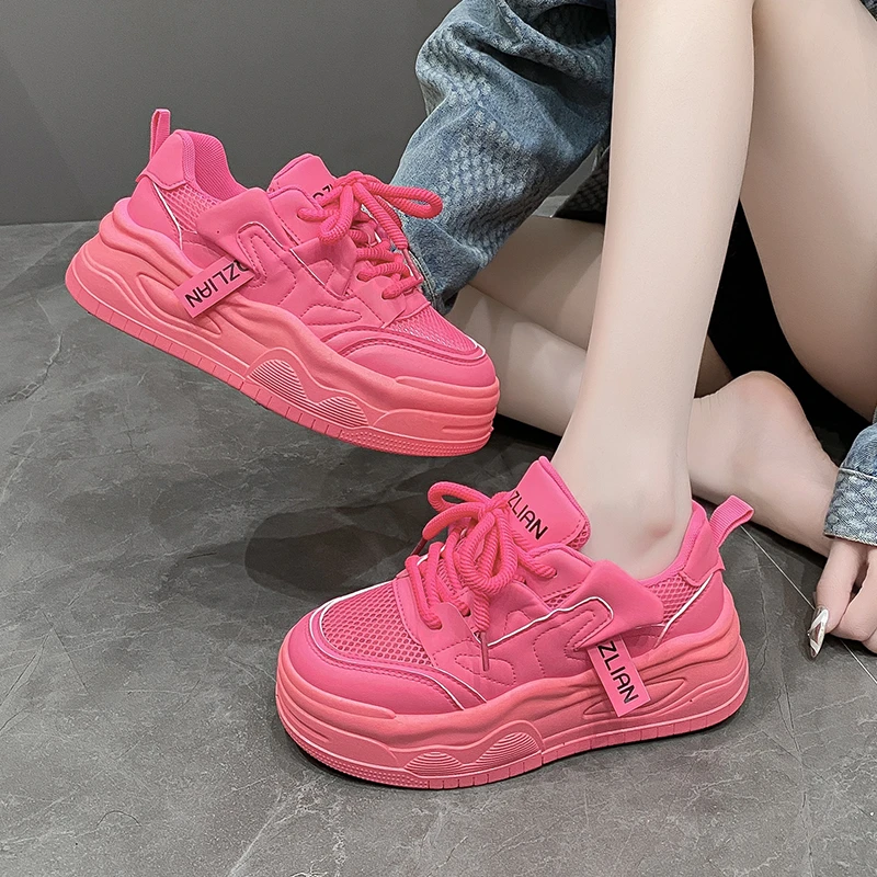 

Summer Red Women's Platform Sneakers Fashion Lace-Up Daddy Woman Shoes Breathable Mesh Casual Shoes For Women Zapatillas Mujer