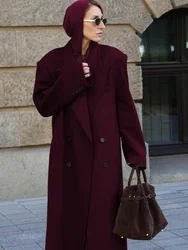 Elegant Burgundy Double-breasted Woolen Long Coat Women With Pockets Full Sleeves Overcoats Autumn Lady High Street Outwear