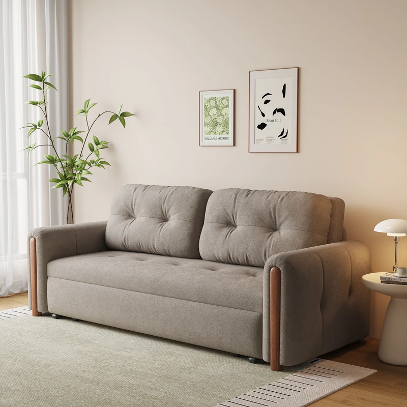 French-style Retro Cream-colored Solid Wood Sofa-bed with Folding Function for Two Uses, Suitable for Home Living Room, Small-si