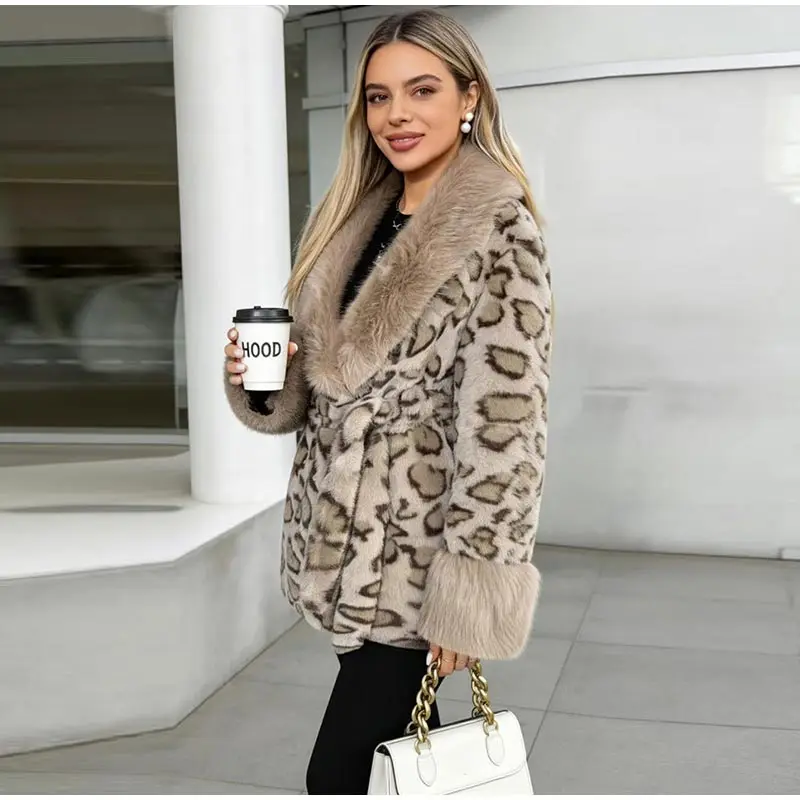Tie Waist Faux Fur Coat Leopard Pattern Shawl Lapel Furry Cuff Splicing Long Sleeve Loose Chic Jacket 2026 Women's Fashion Coats