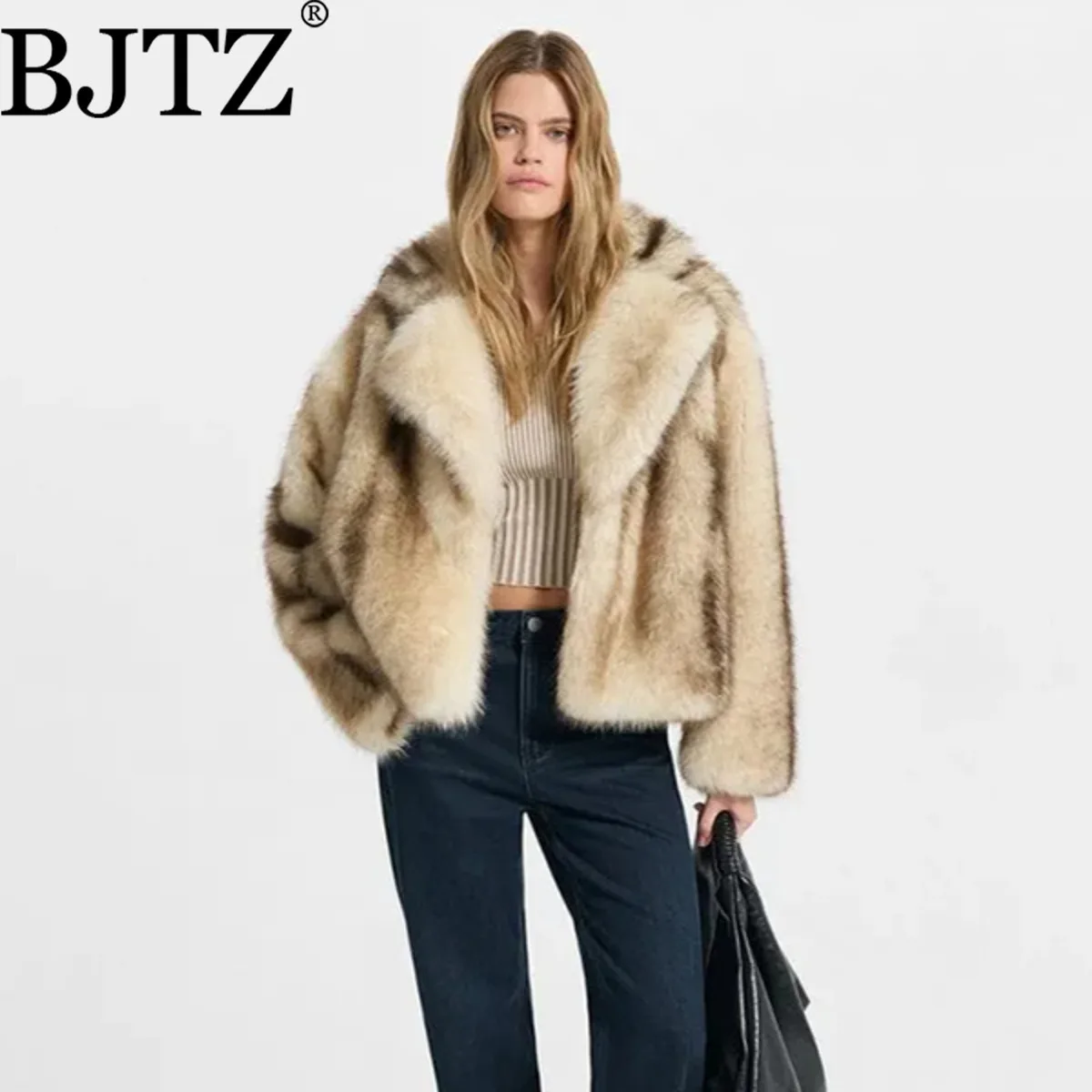 BJTZ سترة نسائية جديدة فاخرة مخططة من الفرو الصناعي لشتاء 2025 معطف سميك دافئ من القطيفة أنيق وبسيط غير رسمي مريح ممتاز #1