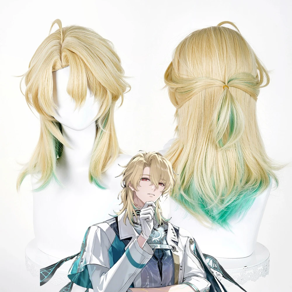 Game Wuthering Waves LUUK HCRSSCN Cosplay Wig Men Gold Green Gradient Long Hair Heat Resistant Synthetic Wigs Carnival Prop