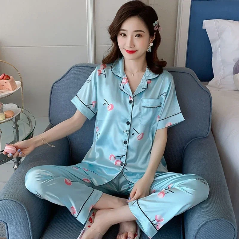 Satin Silk Pajamas Set for Women Cartoon Printed Turn-down Collar Short SleeveTops+Long Pants Nightgown Sleepwear Plus Size 5XL