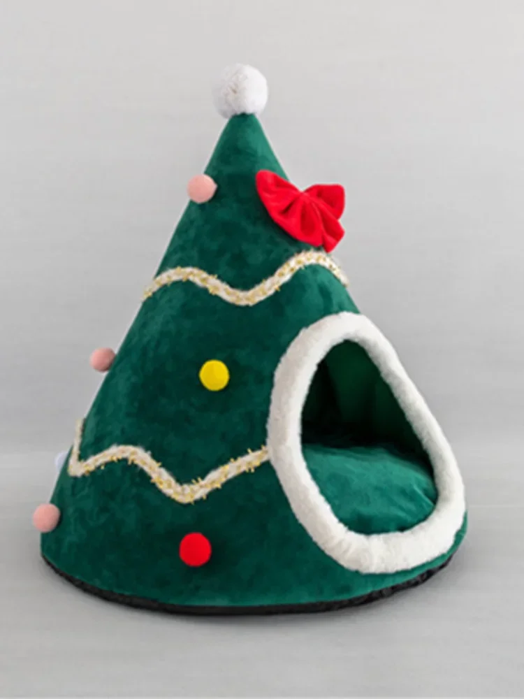 Cute Christmas Tree Shape Cat Dog House Soft Cozy Foldable Winter Warm Kitty Cave Animals Puppy Sleeping Mat Bed Chrismas Gifts