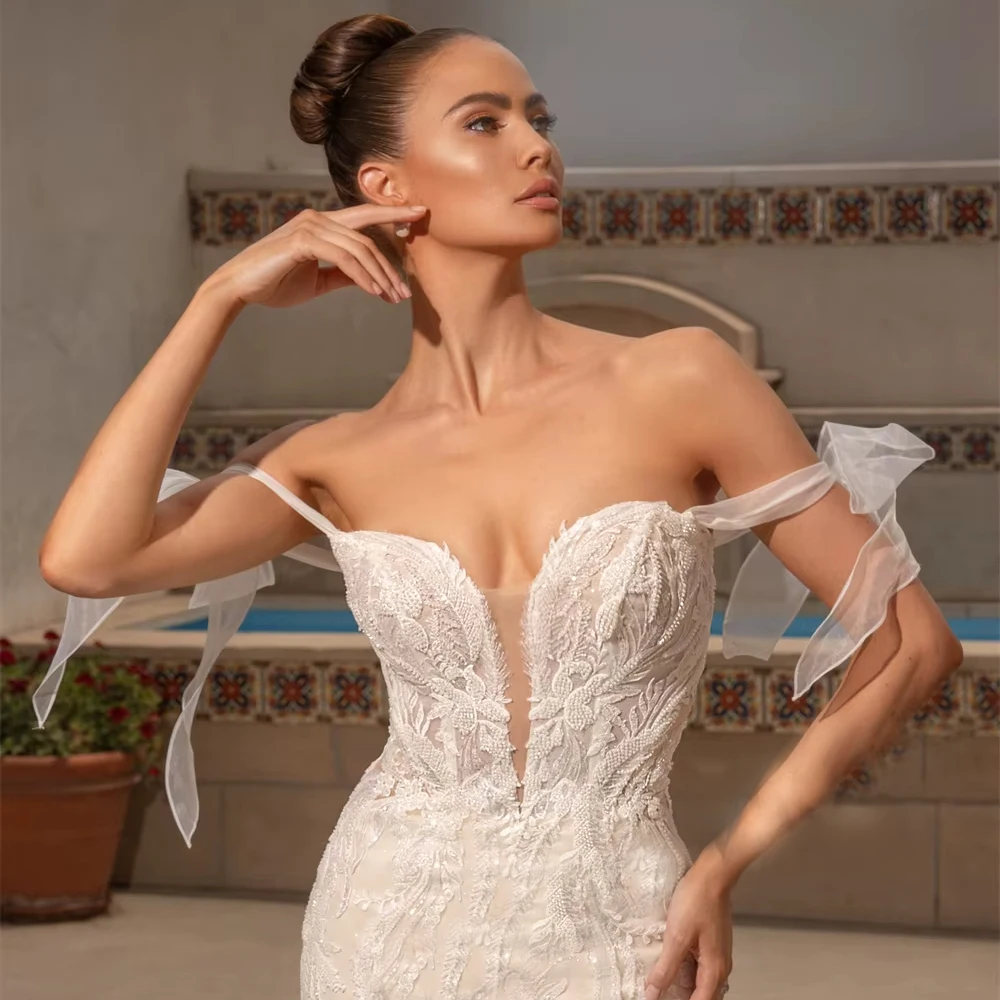فساتين زفاف حورية البحر عصرية مخصصة للمرأة الزفاف قبالة الكتف الخامس الرقبة تول يزين Vestidos طول الأرض فستان زفاف