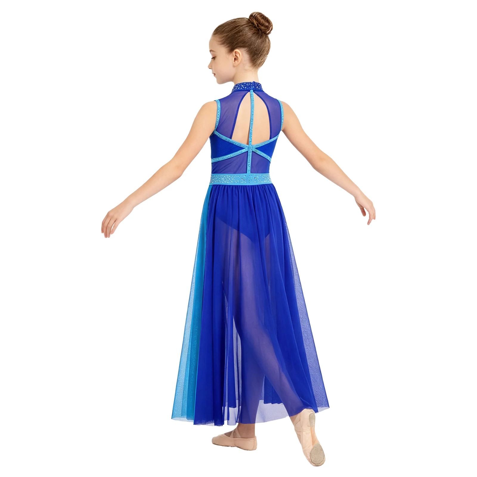 

Kids Girls Lyrical Contemporary Dance Dress Sleeveless Shiny Rhinestone Mesh Leotard Figure Skating Rhythmic Gymnastics Costume